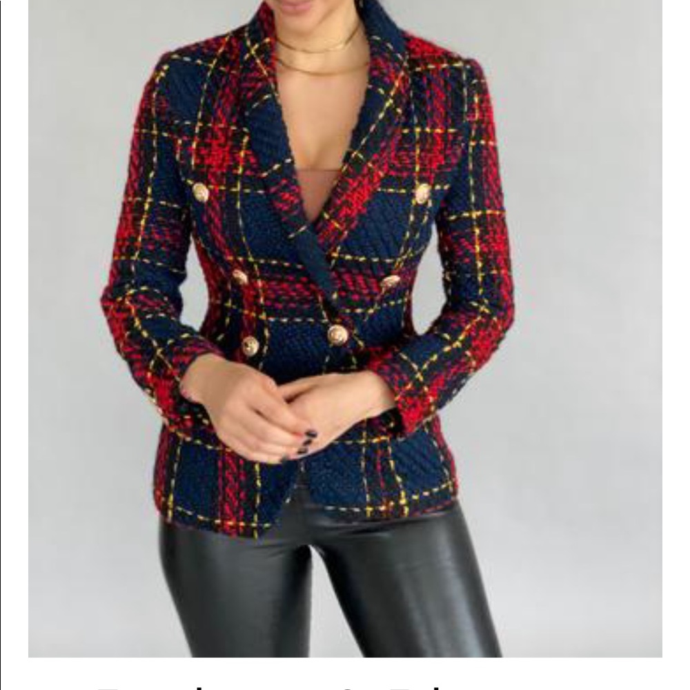 navy blue and red blazer